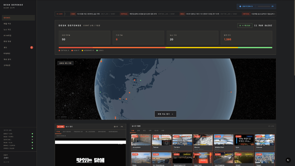 Desk Defense OSINT 대시보드 — DEFCON 등급, 3D 글로브, 실시간 웹캠